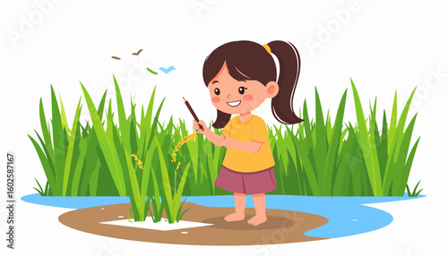 Smiling cartoon girl in yellow shirt and ponytail, barefoot, studying a rice plant with a pencil.