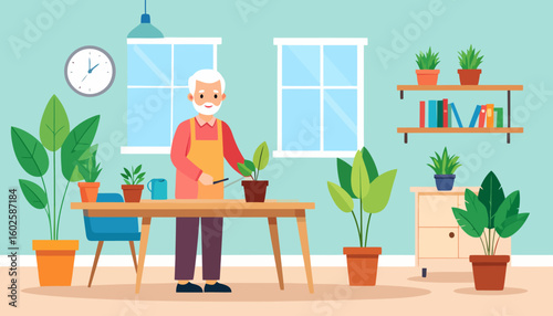 Smiling elderly man with a white beard and yellow apron pruning a houseplant at a wooden table.