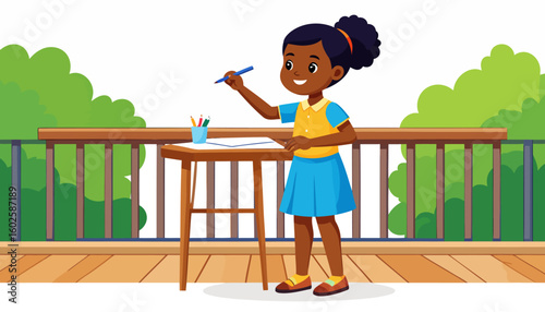 Happy young African American girl with a puff hairstyle drawing with a blue pencil at a small table.