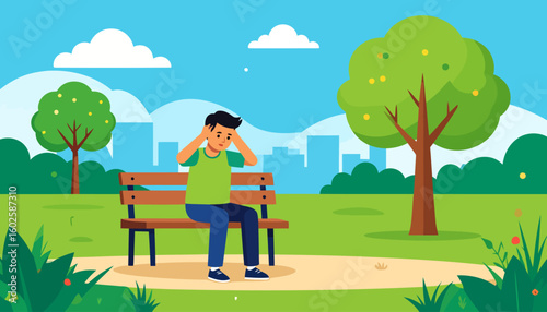 Worried young man with black hair in a green t-shirt, sitting on a bench with his hands on his head.