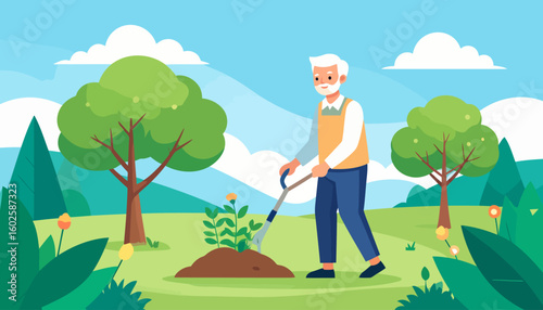 Cheerful elderly man with white hair and a beard planting a flower with a shovel.