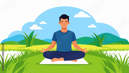 Vector illustration of a serene man in blue clothes meditating in a cross-legged lotus pose.