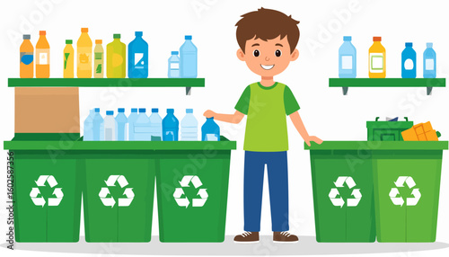 Happy young boy with brown hair recycling plastic bottles into green bins with white symbols.
