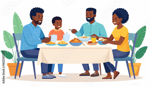 Happy African American family of four enjoying a meal together, smiling and sharing food at the dining table.