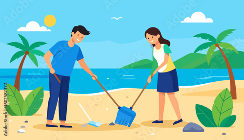 A young man and woman, smiling volunteers, cleaning a sandy beach with a broom and dustpan.