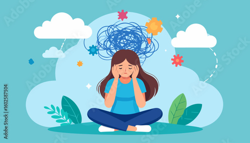 Young woman in distress with a mess of tangled thoughts and gears symbolizing anxiety.