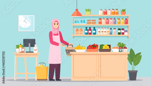 Friendly Muslim shopkeeper in a pink hijab and apron at a grocery store checkout counter.
