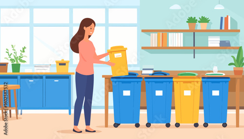 Smiling woman with long brown hair in a pink shirt sorting waste into blue and yellow recycling bins.