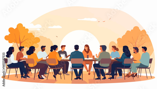 Diverse group of people sitting at a long table during an outdoor autumn meeting.