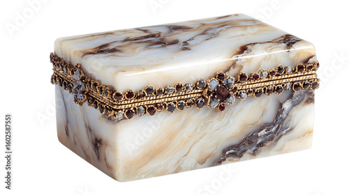 A onyx marble keepsake box crafted with gemstone accents, white background --ar 16:9
