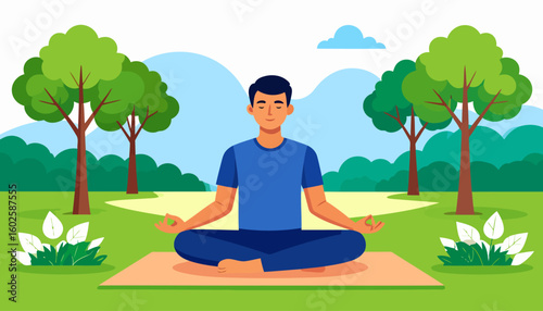 Serene young man in a blue outfit meditating in the lotus pose on a mat with closed eyes.
