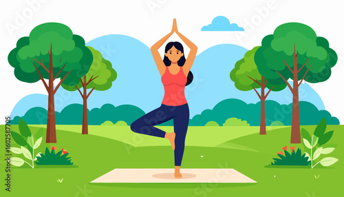 Flat vector illustration of a woman in a red top and blue leggings performing the yoga tree pose (Vrikshasana) with hands joined above her head.