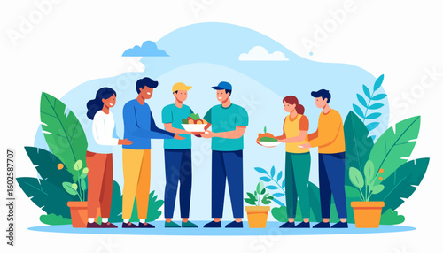 Happy diverse community of people sharing bowls of fresh organic food from a harvest.