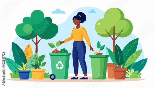 Young woman in a yellow sweater composting organic waste in a green recycling bin outdoors.