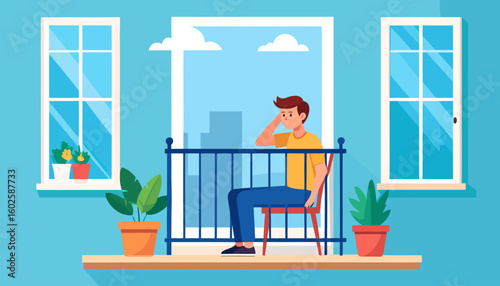 Pensive young man in a yellow shirt and blue pants sitting alone on a red chair on a modern city balcony.