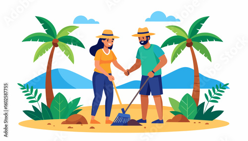 Smiling couple in straw hats holding hands while cleaning with a broom, a flat vector illustration.