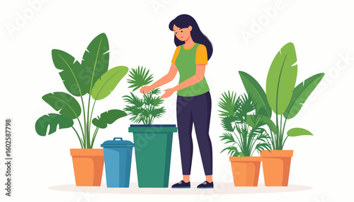 Young woman with long dark hair tending to potted tropical plants with a gentle smile.