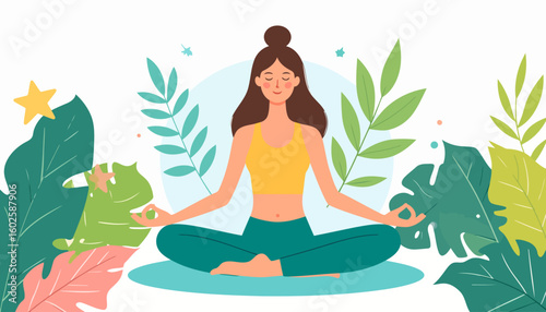 Calm woman with brown hair in a top bun meditating in a lotus pose with a serene expression.