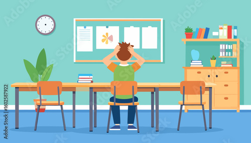 Anxious young student with hands on head, wearing a green and orange shirt.