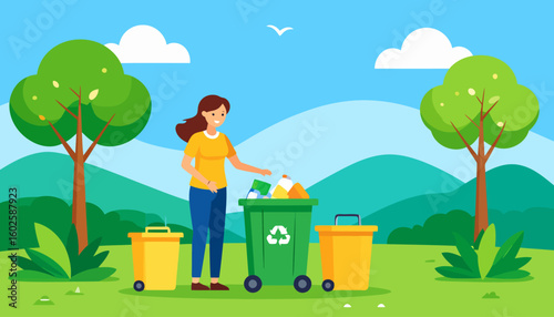 Smiling young woman in a yellow shirt and blue jeans sorting trash into a green recycling bin.