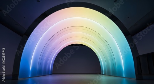 Step into a vibrant, illuminated archway glowing with a spectrum of modern, colorful light for futuristic inspiration