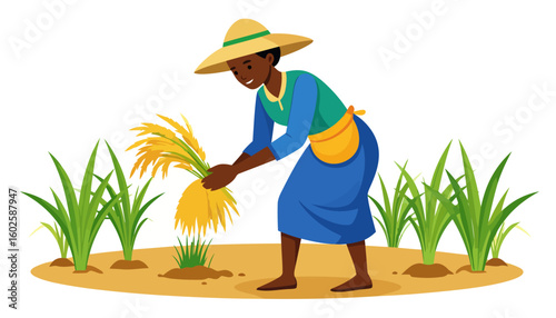 Smiling Black female farmer in a traditional straw hat harvesting a golden sheaf of rice.