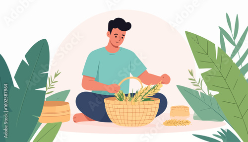 A young man with black hair in a teal shirt, sitting cross-legged and sorting wheat stalks into a woven basket.