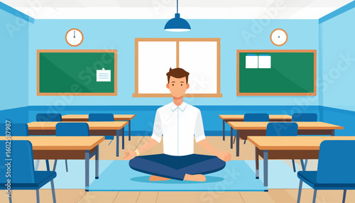 Man practicing yoga and meditation for stress relief and calm in a school classroom setting.