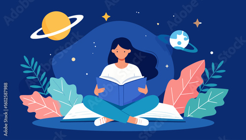 A dark-haired woman sits cross-legged on a giant open book, engrossed in reading.