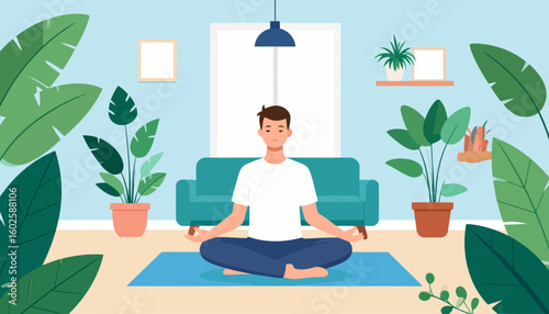 A calm young man with closed eyes meditating in the lotus position on a blue yoga mat.