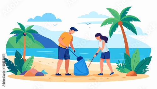 Young man and woman volunteers cleaning up a sandy beach, collecting trash in a blue bag.