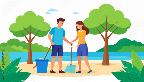 Happy young couple in casual clothes cleaning a sandy area together with a mop, bucket, and dustpan, smiling as they volunteer.