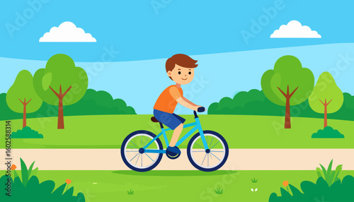 Cartoon boy with brown hair in an orange shirt and blue shorts riding a bright blue bicycle.