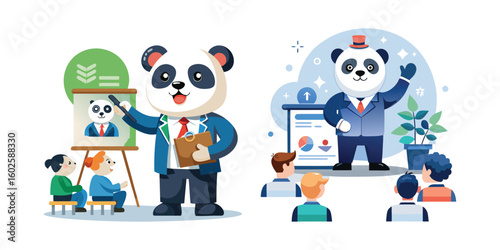 Corporate Business Panda Teaching Leadership Workshop Vector – Motivational Animal Character, Professional Training Illustration, Team Building, Management Seminar, Office Presentation