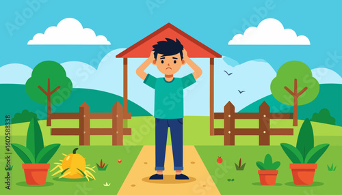 Anxious cartoon boy with spiky black hair holding his head in distress.