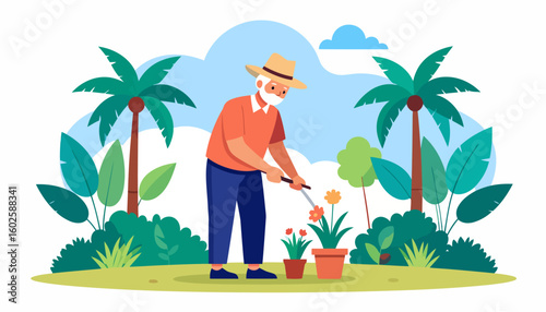 Elderly man with a white beard and straw hat tending to potted flowers in a garden.