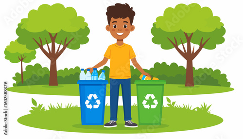 Happy young boy with dark skin sorting plastic bottles into separate blue and green recycling bins.