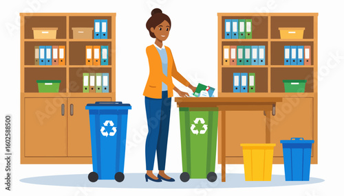 Smiling woman in an orange jacket and blue pants sorting paper into a green recycling bin.