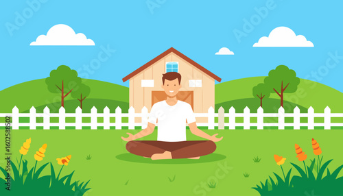 Smiling cartoon man with brown hair meditating in a lotus pose, wearing a white t-shirt and brown pants.