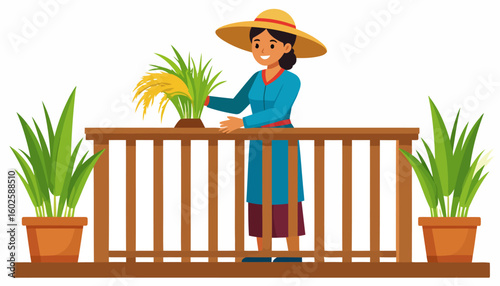 A cheerful female farmer in a straw sunhat holding a potted rice plant.