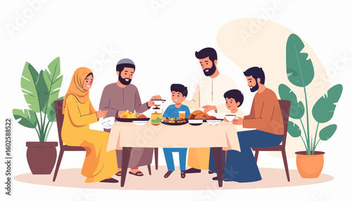 Joyful Muslim family with children sharing a festive meal at a dinner table.