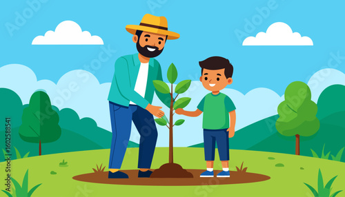 A smiling bearded father in a yellow hat and his young son planting a tree sapling together.