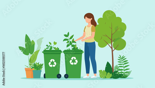 Young woman tending to green plants growing from recycling bins, illustrating an eco-friendly lifestyle.