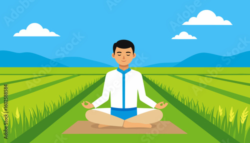 Serene young man with black hair meditating in a lotus pose, wearing a white and blue shirt.