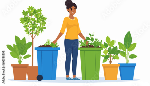 Smiling woman with a hair bun gardening with various potted plants and upcycled wheeled bins.