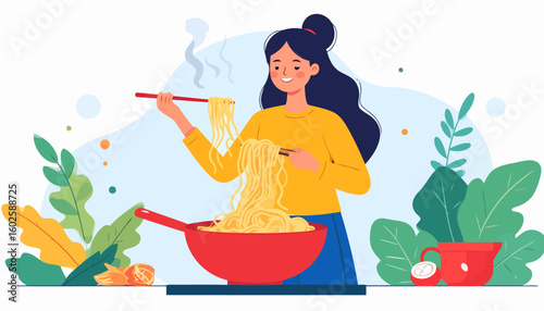 Smiling woman with dark hair in a yellow sweater eating steaming noodles with red chopsticks from a large red bowl.