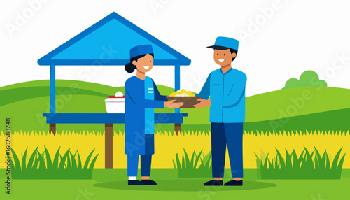 Vector illustration of a smiling woman in a blue uniform giving a bowl of food to a man.