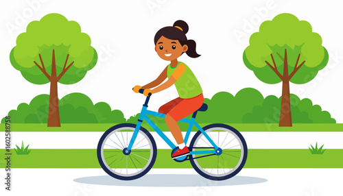 Happy cartoon girl with a dark ponytail and colorful athletic clothes riding a blue bicycle.