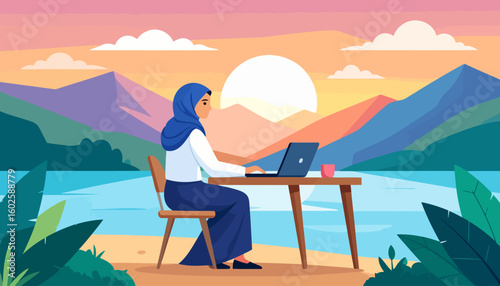 Focused Muslim woman in a blue hijab and modest attire working remotely on a laptop at a wooden desk.