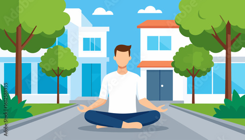 Faceless man with brown hair in a white shirt and blue pants, meditating barefoot in a peaceful lotus pose.